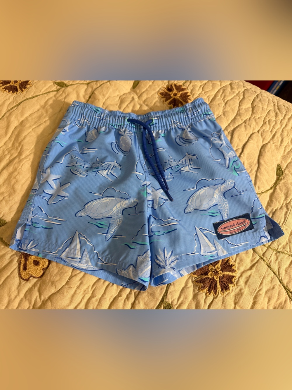 Vineyard Vines Light Blue Turtle & Sailboat Kids Swim Trunks